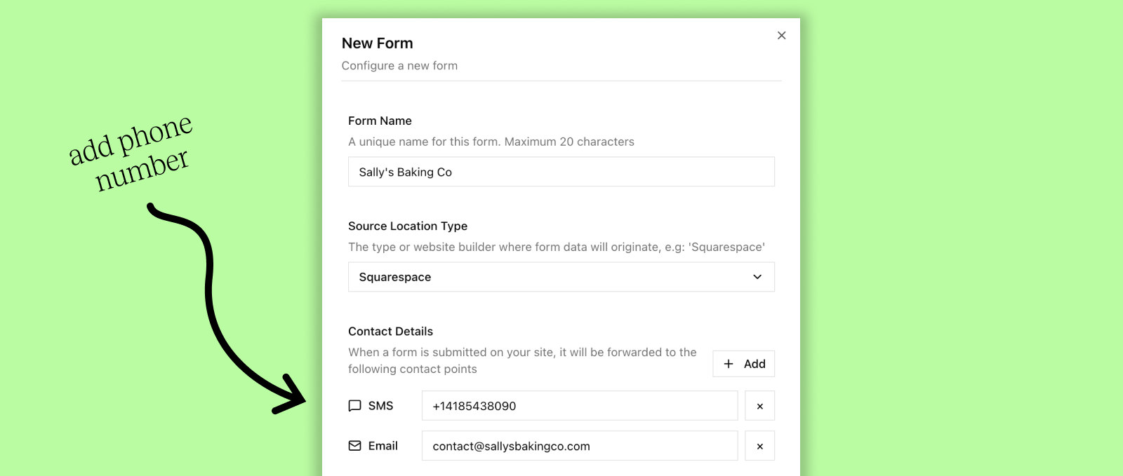 Form2SMS address setup preview