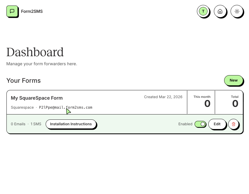 Copy your Form2SMS forwarding email for Squarespace