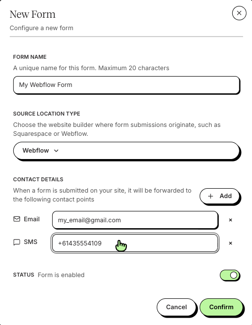 Create a Webflow source form in Form2SMS