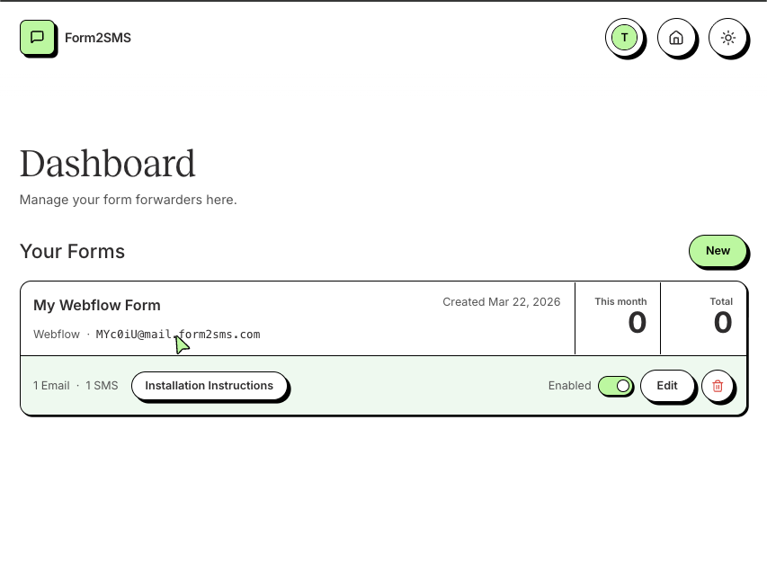 Copy your Form2SMS forwarding email for Webflow