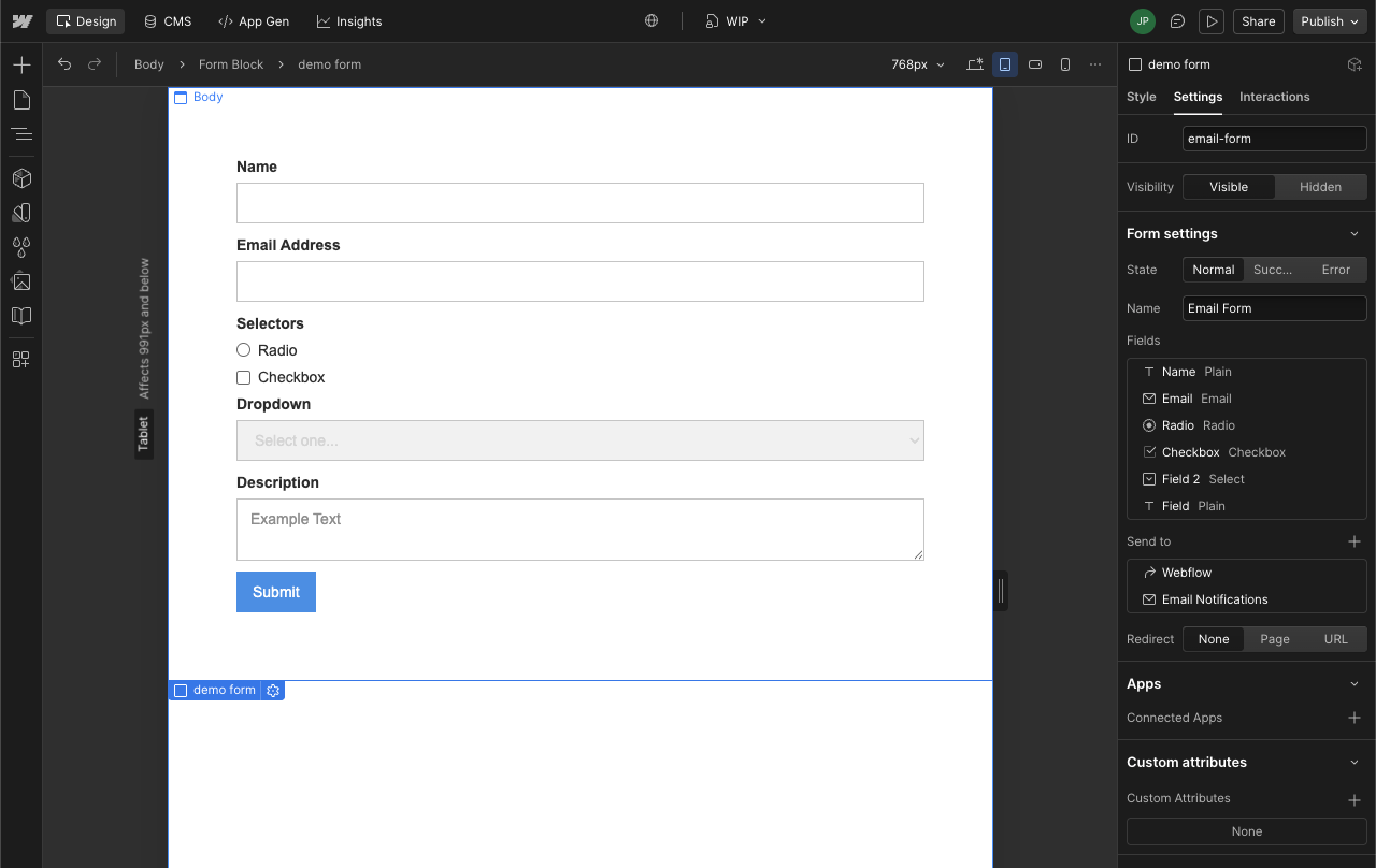 Select your form block in Webflow