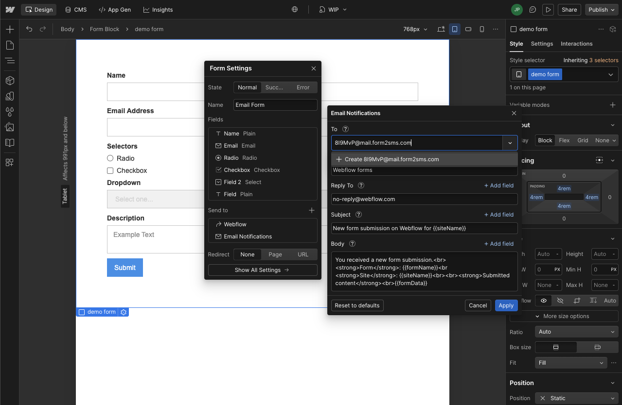 Edit Webflow email notifications to use Form2SMS